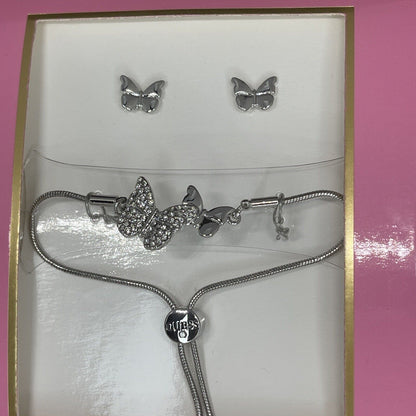 Guess Silver Tone Butterfly Bracelet Earrings (2pc Set) Fashion Chic Trendy Vday