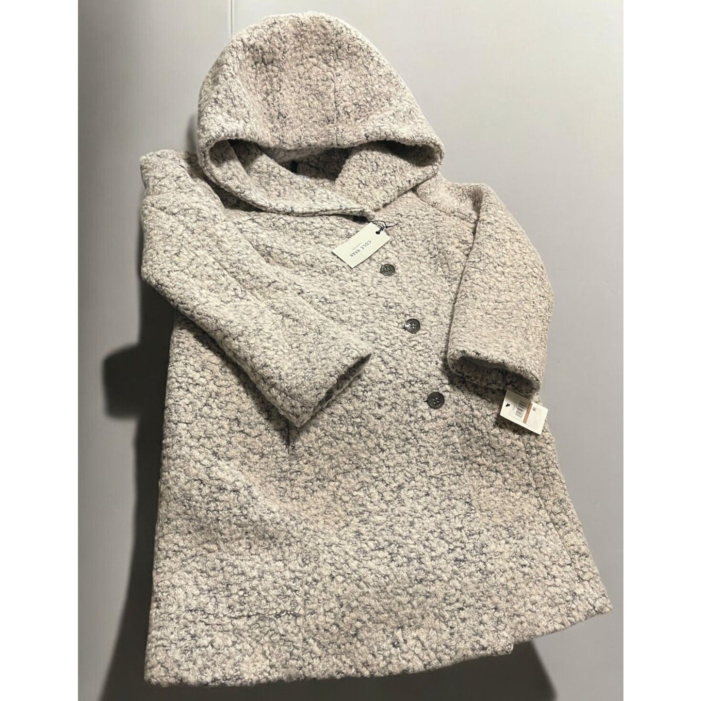 Cole Haan Signature Wool Asymmetrical Walker Coat (Sz 12) Gray Hooded Button NWT