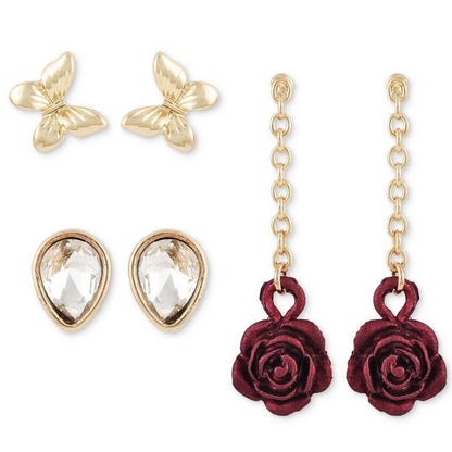 Guess Gold Tone Crystal Earrings (3pc Set) Butterfly Rose Chic Trendy Style Vday