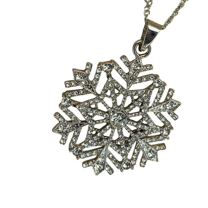 Silver Tone Crystal Snowflake Pendant Necklace 36” Christmas Holiday Stunning