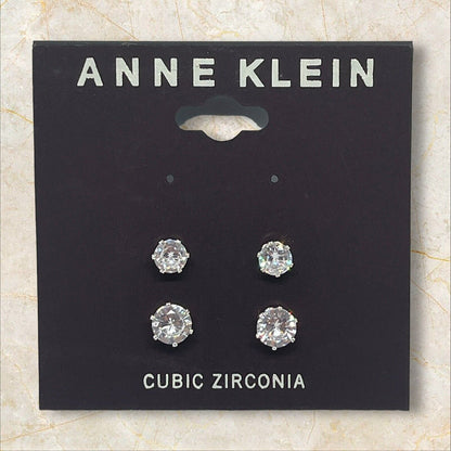 Anne Klein Silver Tone CZ Stud Earrings (2pc Set) Fashion Glitz Trendy Style NWT