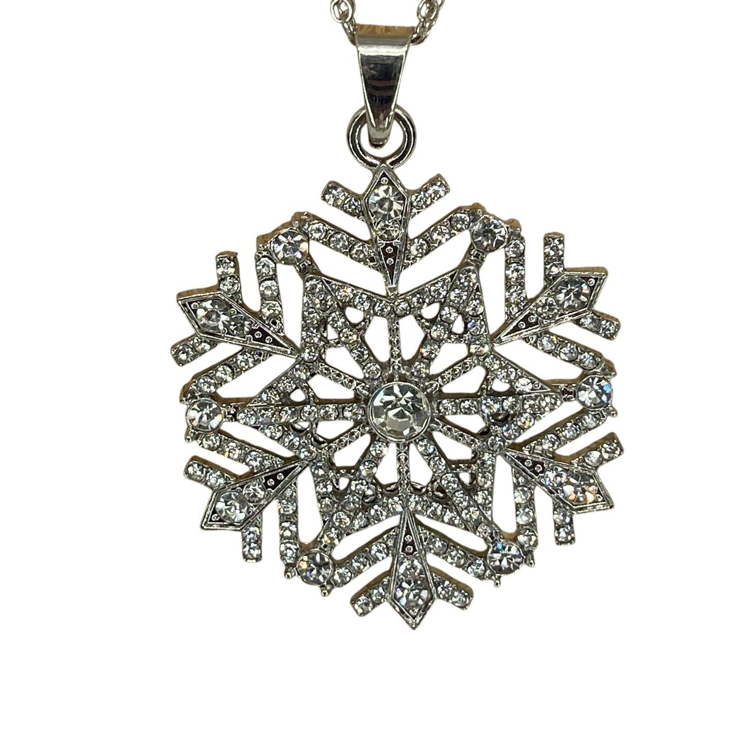 Silver Tone Crystal Snowflake Pendant Necklace 36” Christmas Holiday Stunning