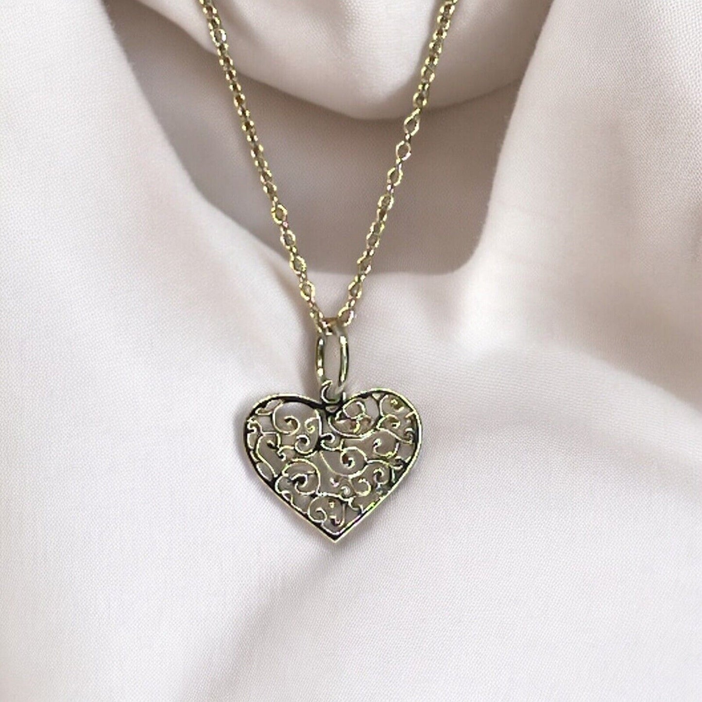 Sterling Silver Heart Filigree Pendant Necklace Open Work Style Fashion Stunning