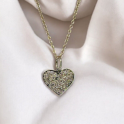 Sterling Silver Heart Filigree Pendant Necklace Open Work Style Fashion Stunning