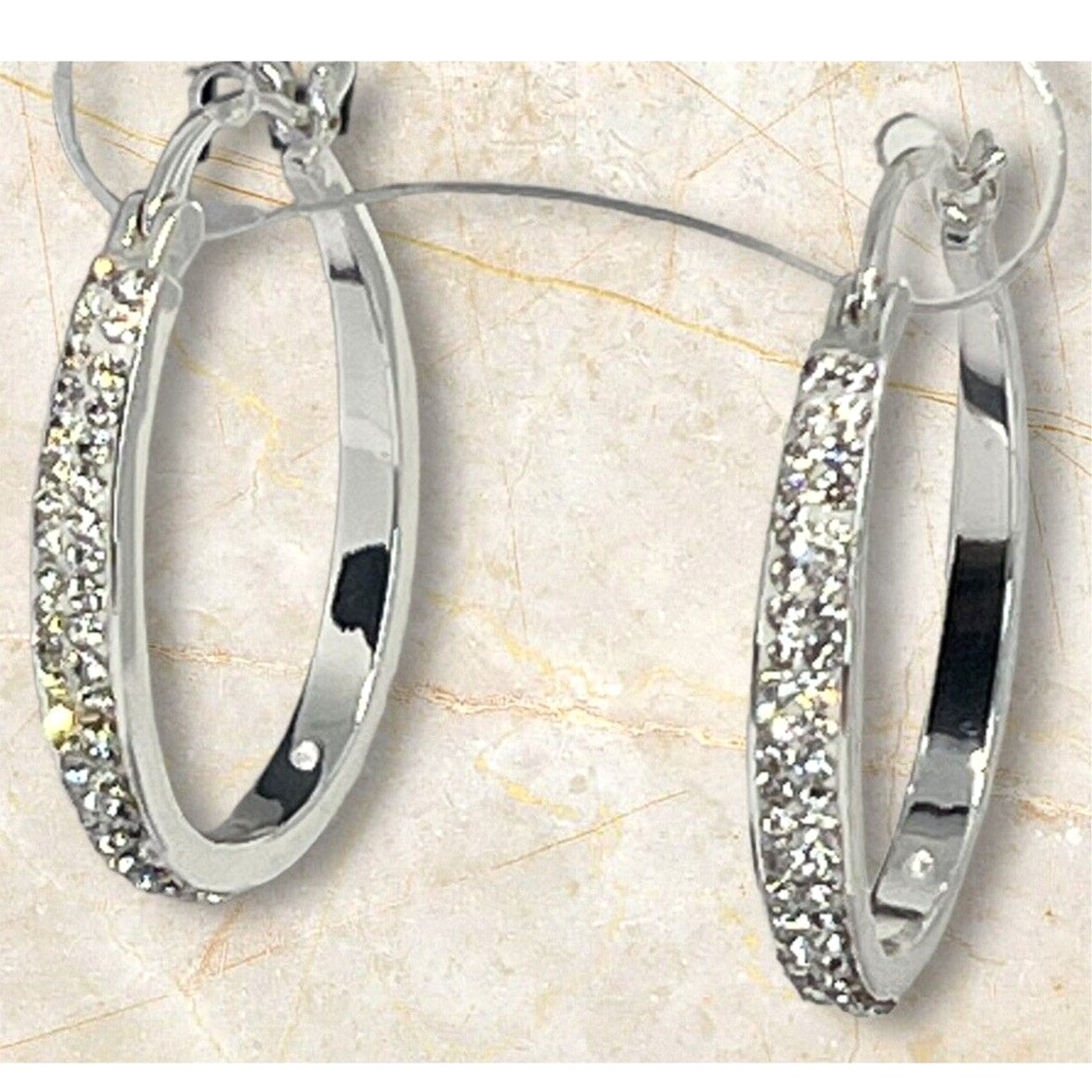 Silver Plated Pave Crystal Hoop Earrings Stunning Fashion Glitz Stylish Elegant