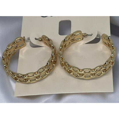 Gold Tone Chain Hoop Earrings Elegant Chic Style Fashion Trendy Ladies Jewelry