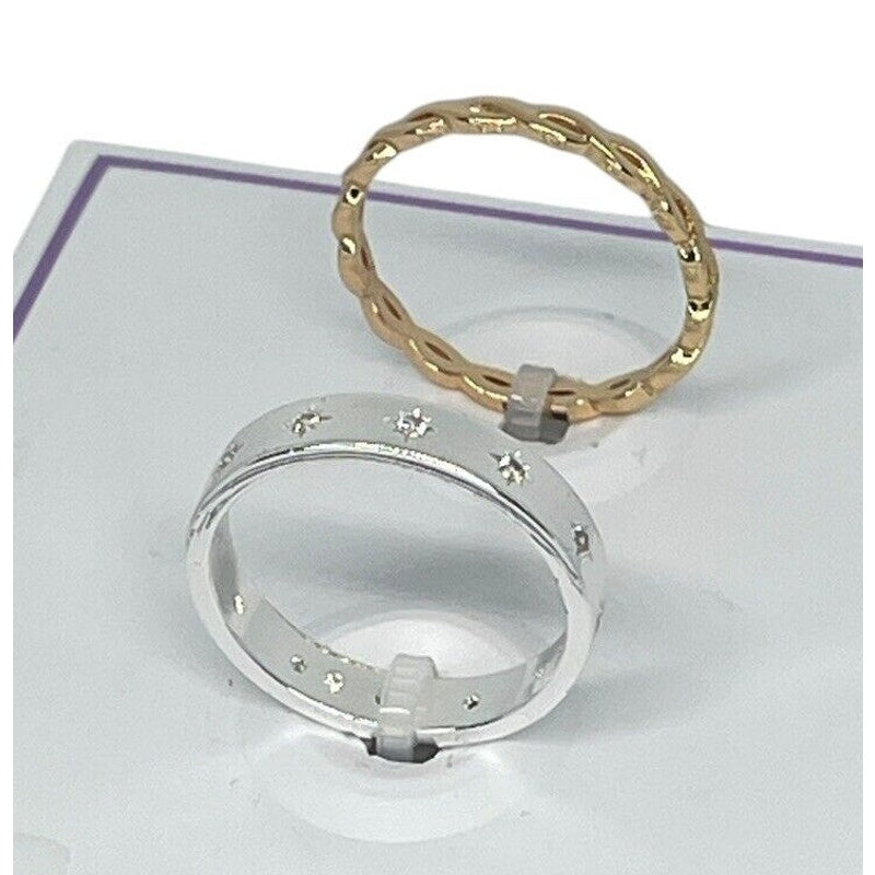 18K Gold Plated Chain CZ Band Ring (2pc Set) Sz 8 Trendy Style Fashion Chic Vday