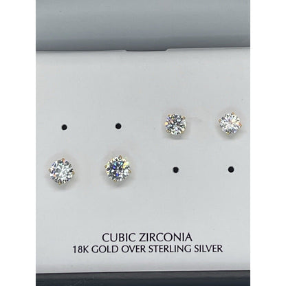 18K Gold Vermeil CZ Stud Earrings 2pc Set Glitzy Fashion Style Trendy Bling NWT