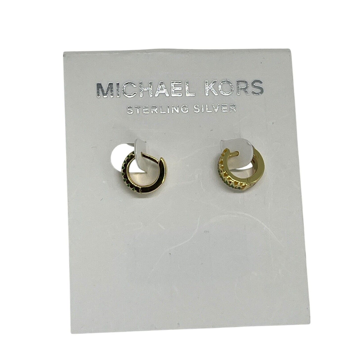 Michael Kors 14K Gold Vermeil Crystal Hoop Earrings MK Logo Luxury Trendy Chic