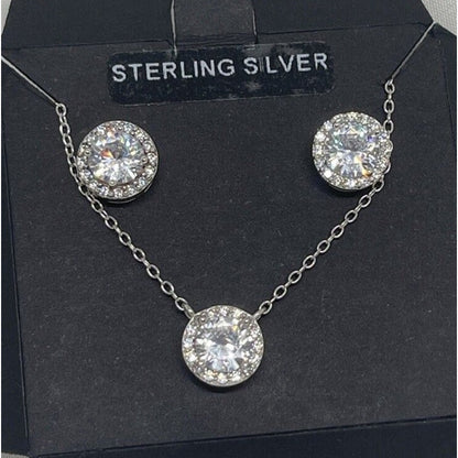 Sterling Silver CZ Necklace Earrings (2pc Set) Chic Glitz Trendy Stylish Vday