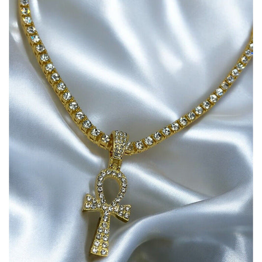 Gold Tone Crystal Cross Ahnk Pendant Tennis Necklace 23” Style Faith Bling NWT