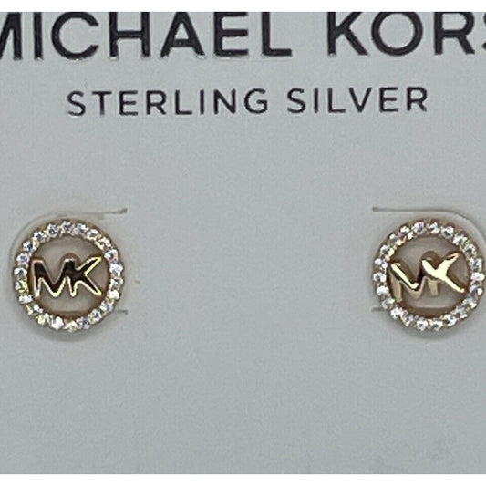 Michael Kors 14K Gold Vermeil CZ Hoop Earrings MK Logo Stud Luxury Trendy Chic