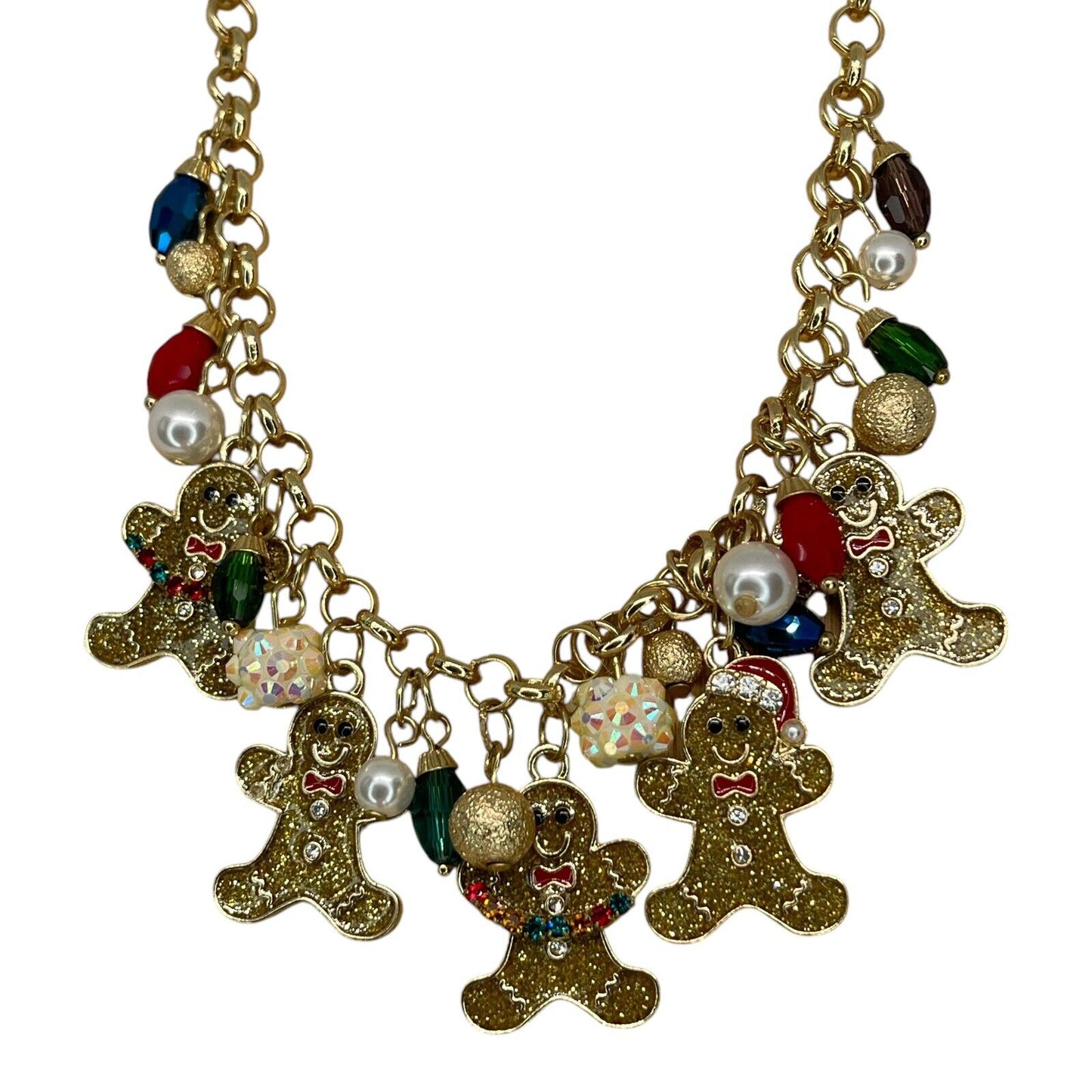 Gold Tone Faux Pearl Gingerbread Man Necklace Christmas Holiday Elegant Xmas NWT