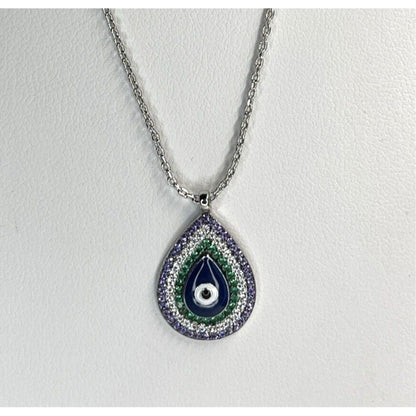 Silver Plated CZ Evil Eye Necklace Intricate Teardrop Style Trendy Stunning Chic