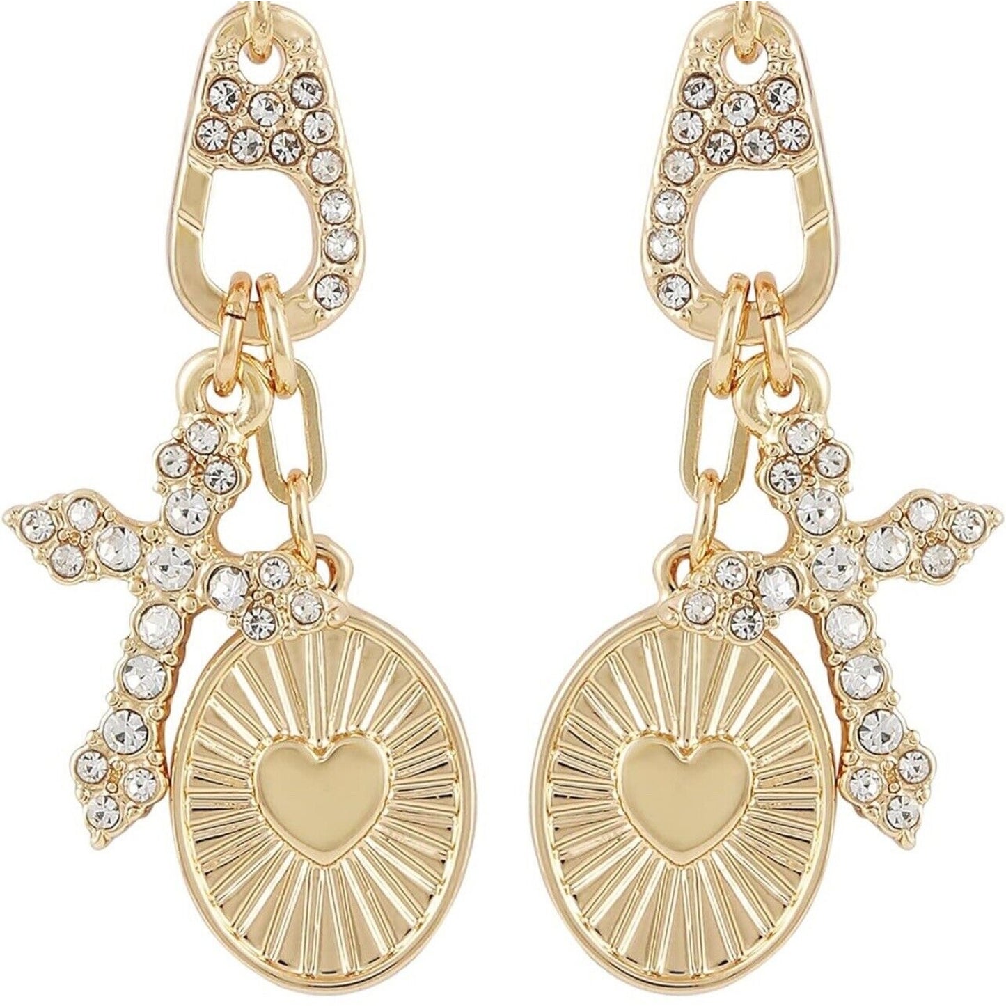 Guess Gold Tone Crystal Cross Heart Earrings Faith Charm Chic Style Trendy Vday