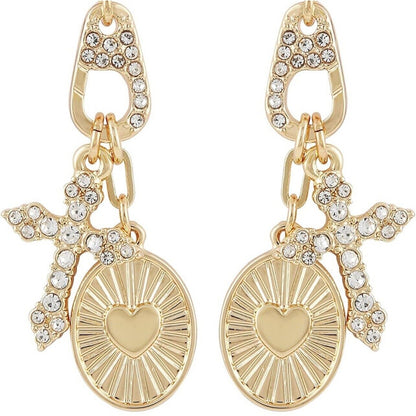 Guess Gold Tone Crystal Cross Heart Earrings Faith Charm Chic Style Trendy Vday