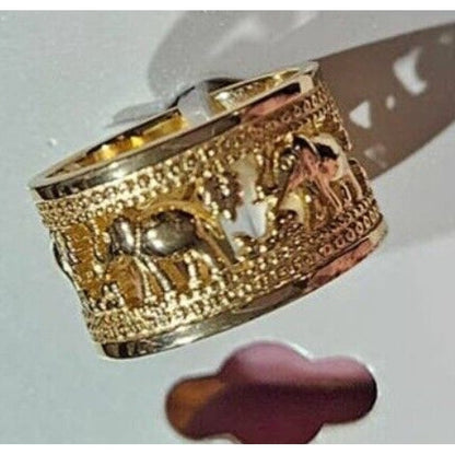 Gold Plated Open Work Elephant Wide Ring (Sz 9) Intricate Stunning Animals Chic