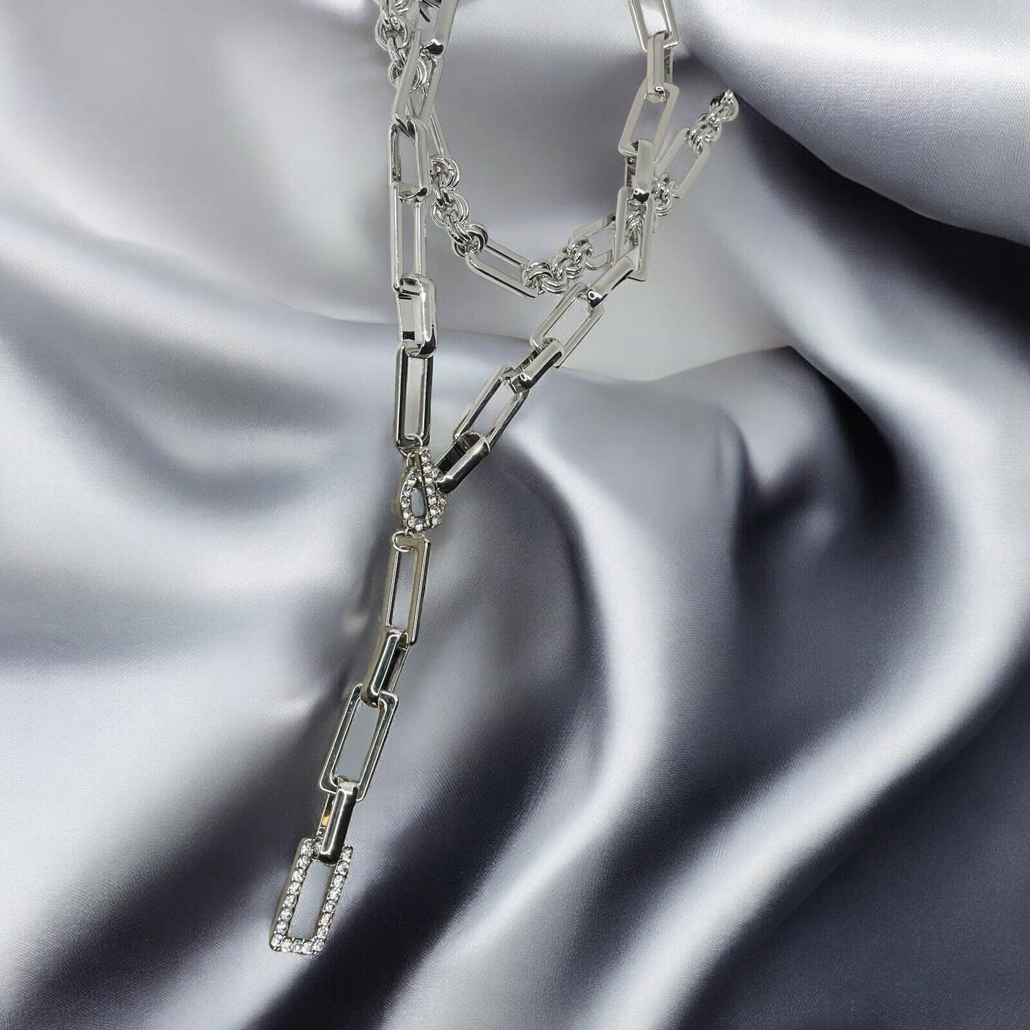 Silver Tone Crystal Chain Drop Necklace Stunning Statement Trendy Fashion Shiny