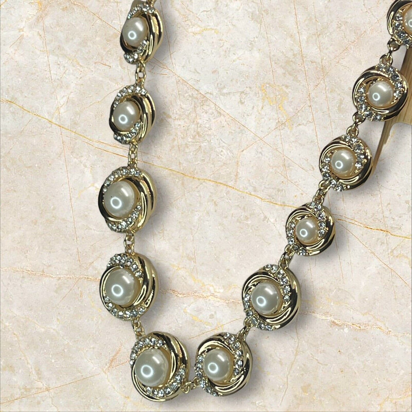 Gold Tone Faux Pearl Halo Crystal Necklace Trendy Statement Chic Elegant Fashion