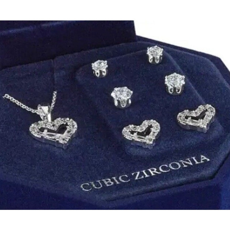 Silver Plated CZ Heart Necklace Earrings (4pc Set) Trendy Fashion Style NWT Vday