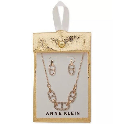 Anne Klein Gold Tone Crystal Necklace Earrings (2pc Set) Chain Link Trendy Chic