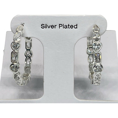 Silver Plated Crystal Heart Hoop Earrings Chic Fashion Style Stunning Trendy NWT