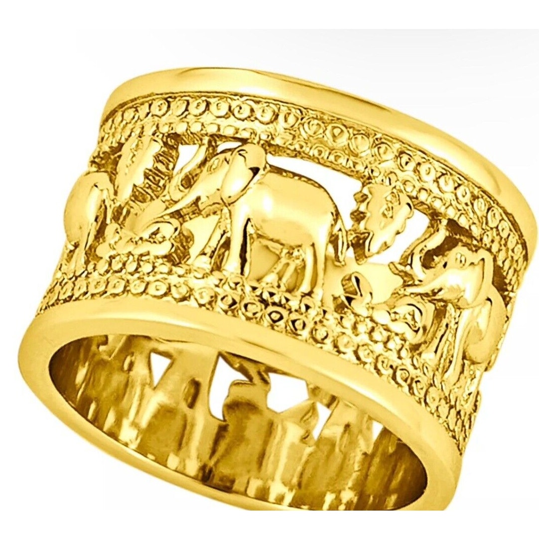 Gold Plated Open Work Elephant Wide Ring (Sz 9) Intricate Stunning Animals Chic