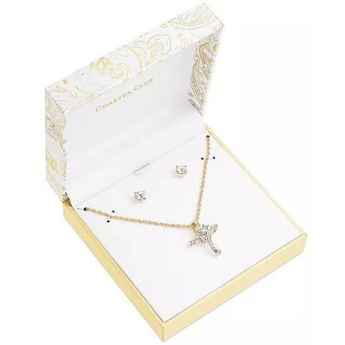 Gold Tone Crystal Cross Pendant Necklace Earrings (2pc Set) Solitaire Studs Vday