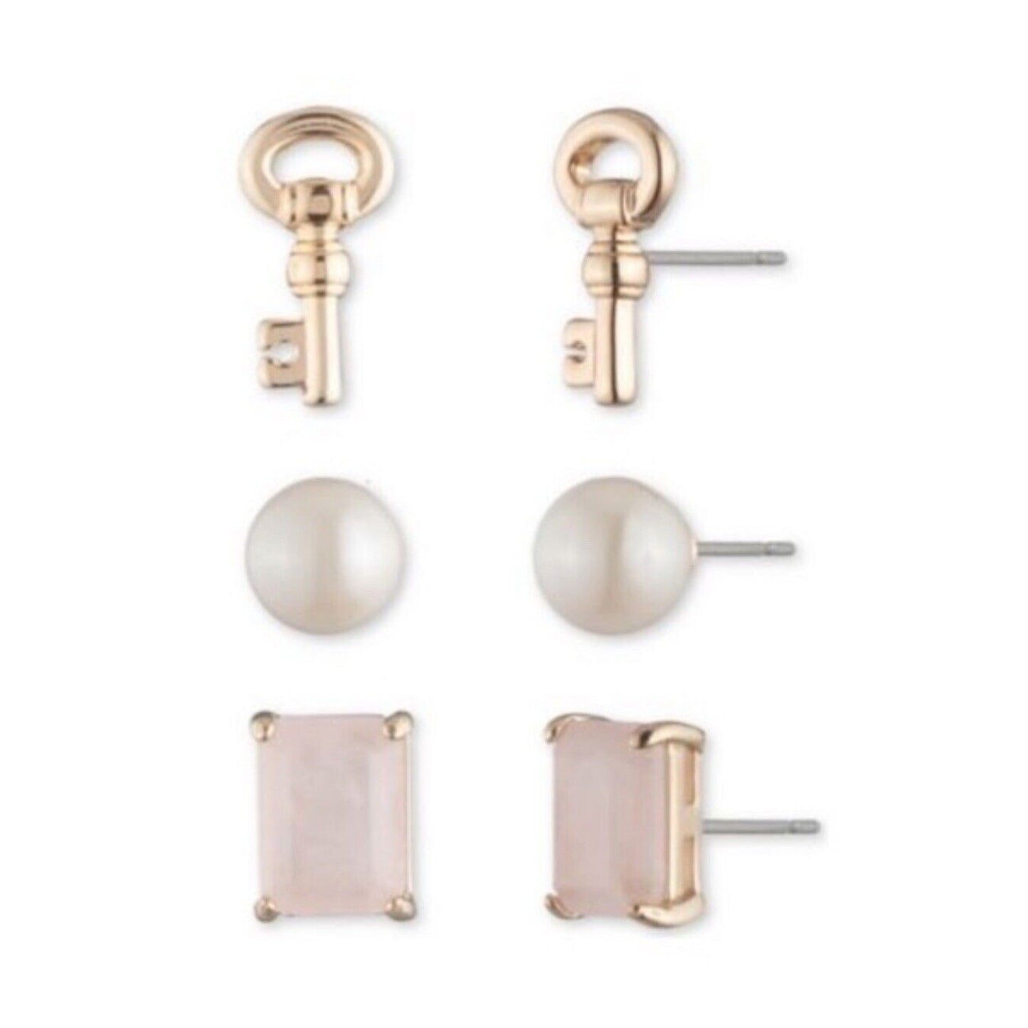 Ralph Lauren Rose Quartz Faux Pearl Earrings 3pc Set Gold Plate Elegant Chic Key