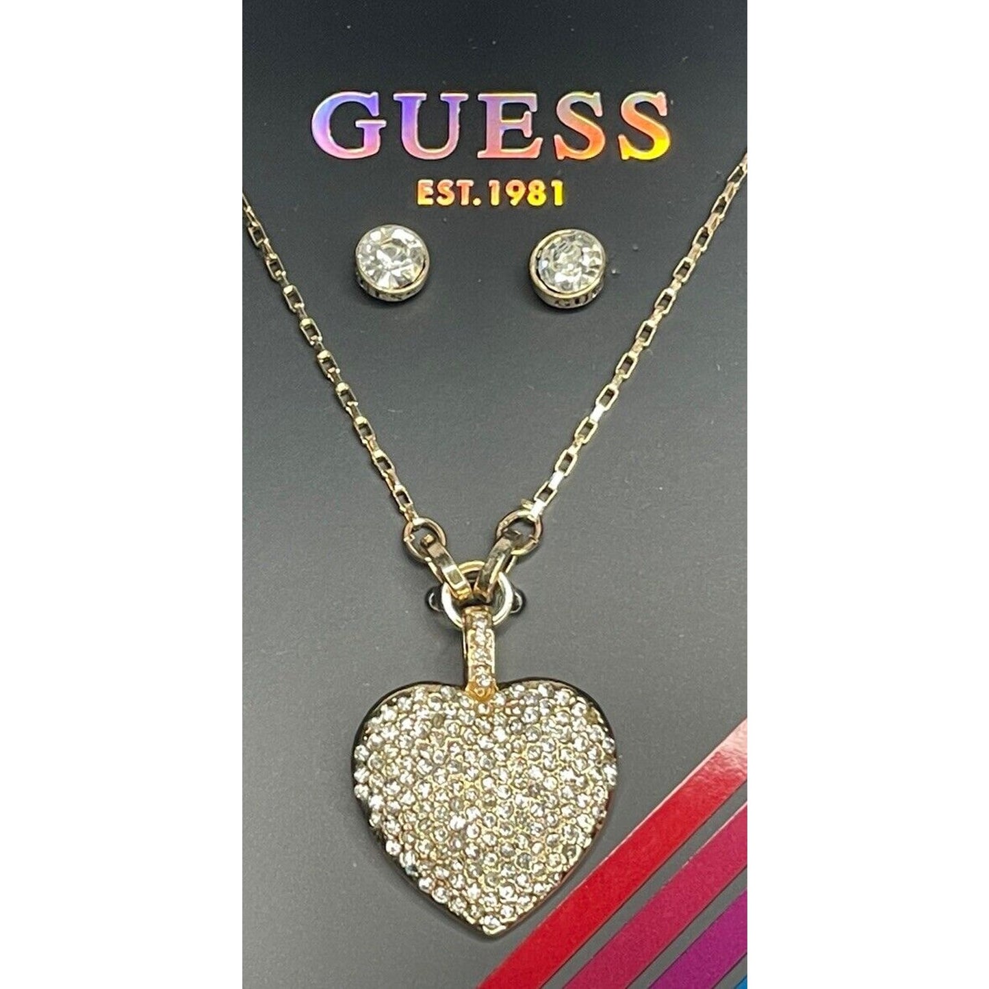 Guess Gold Tone Heart Charm Necklace Earrings 3pc Set Travel Case Trendy Vday