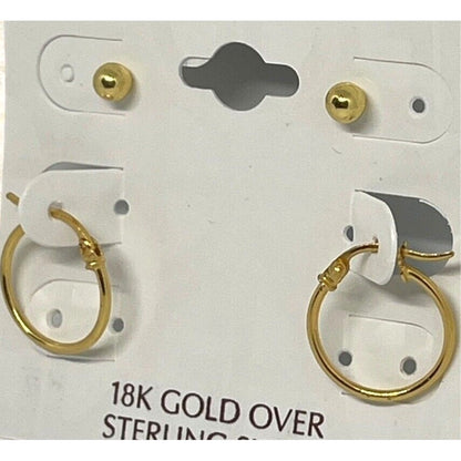 18k Gold Over Sterling Silver Earrings 2pc Set Stud Hoop Minimal Everyday Wear