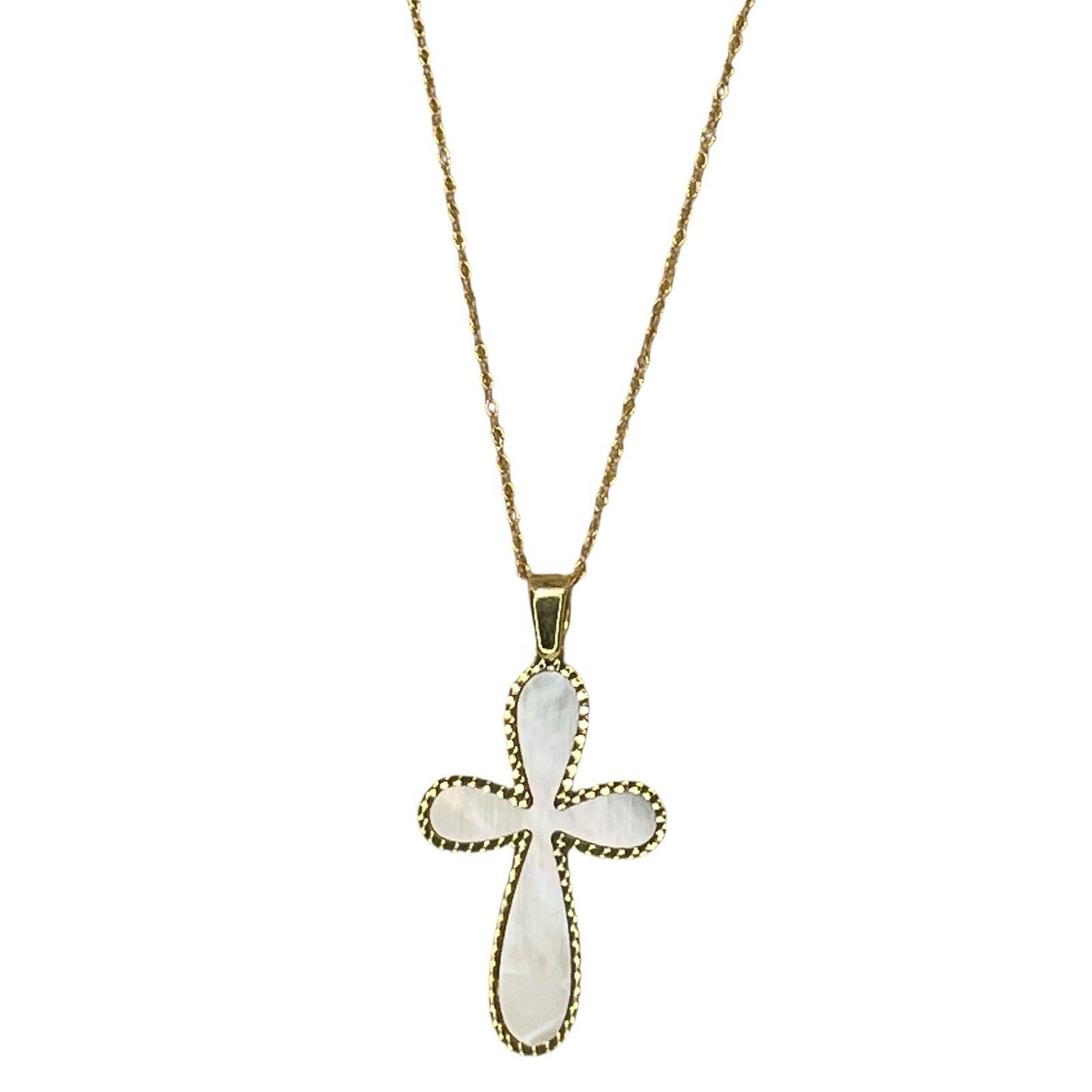 Solid 14K Gold Mother Of Pearl Cross Pendant Necklace Faith Fashion Stunning 18"