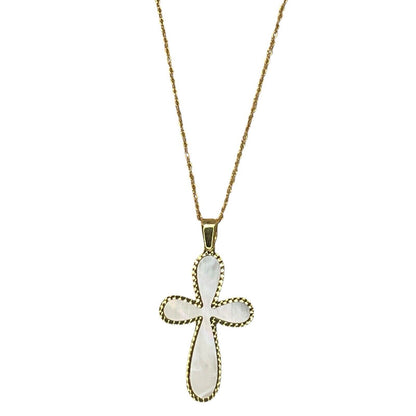 Solid 14K Gold Mother Of Pearl Cross Pendant Necklace Faith Fashion Stunning 18"