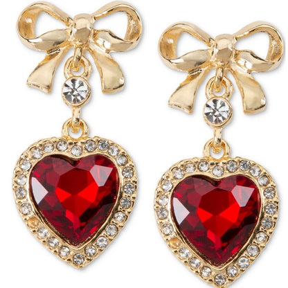 Gold Tone Crystal Bow Halo Heart Earrings Chic Stunning Trendy Fashion NWT Vday