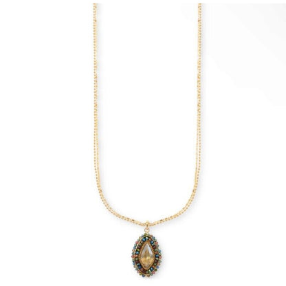 Gold Tone Beaded Crystal Pendant Necklace 36" Stunning Fashion Statement Stylish