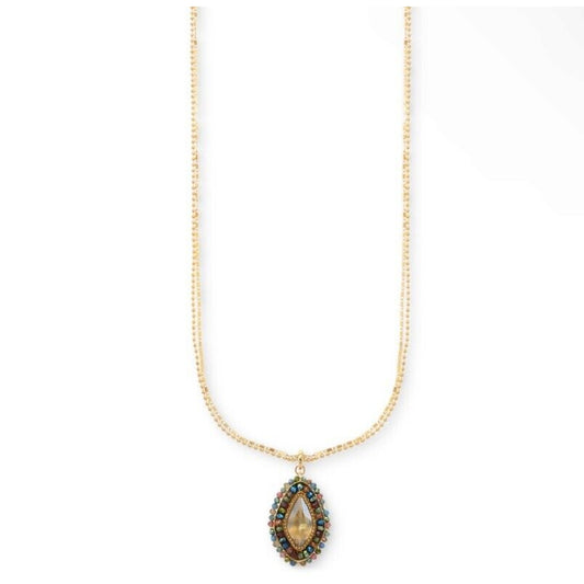 Gold Tone Beaded Crystal Pendant Necklace 36" Stunning Fashion Statement Stylish