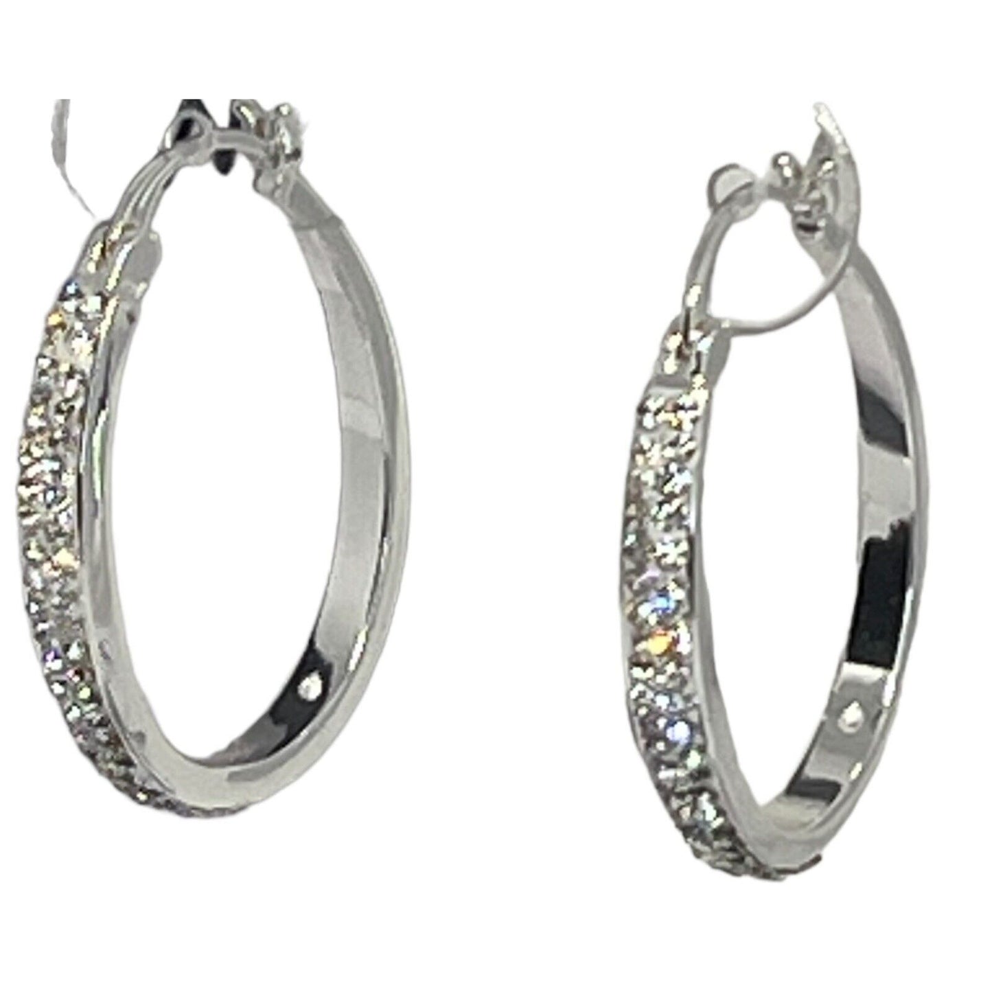 Silver Plated Pave Crystal Hoop Earrings Stunning Fashion Glitz Stylish Elegant