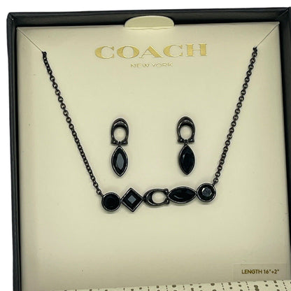 Coach Crystal Necklace Earrings 2pc Set Black Tone Chic Designer Luxury Trendy