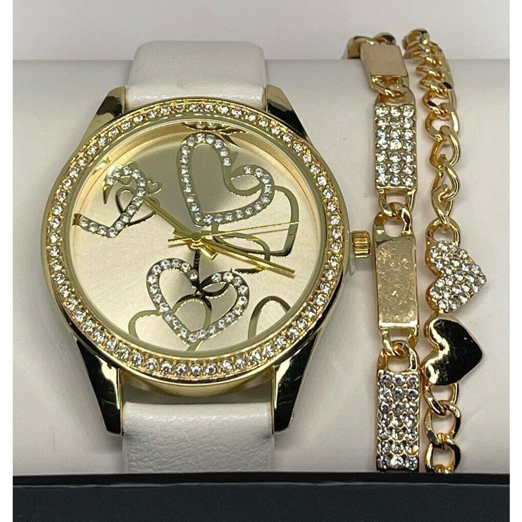 Gold Tone Crystal Heart Watch Faux Leather Band (3pc Set) Trendy Fashion Vday