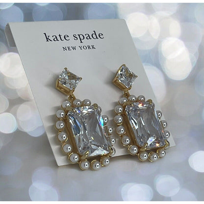 Kate Spade Faux Pearl Victoria Drop Halo Earrings Gold Tone CZ Chic Trendy Style