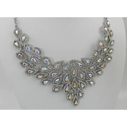 Silver Tone Crystal Teardrop Statement Necklace Stunning Elegant Glitz Intricate