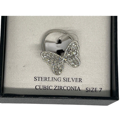 Sterling Silver CZ Butterfly Ring (Sz 7) Stunning Glitz Intricate Chic Fashion