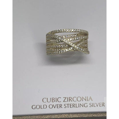 18K Gold Vemeil CZ Ring Crossover (Sz 8) Chic Trendy Fashion Stunning Style NWT