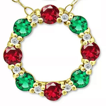 18K Gold Over Sterling Silver Lab Ruby Necklace Xmas Style Chic Holidays Wreath