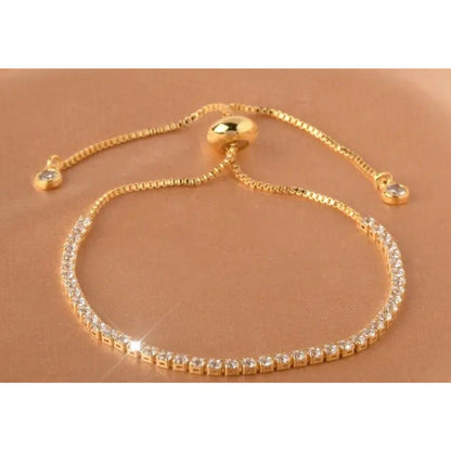 Gold Tone Crystal Bolo Tennis Bracelet Fashion Stylish Shiny Chic Glitz Cocktail