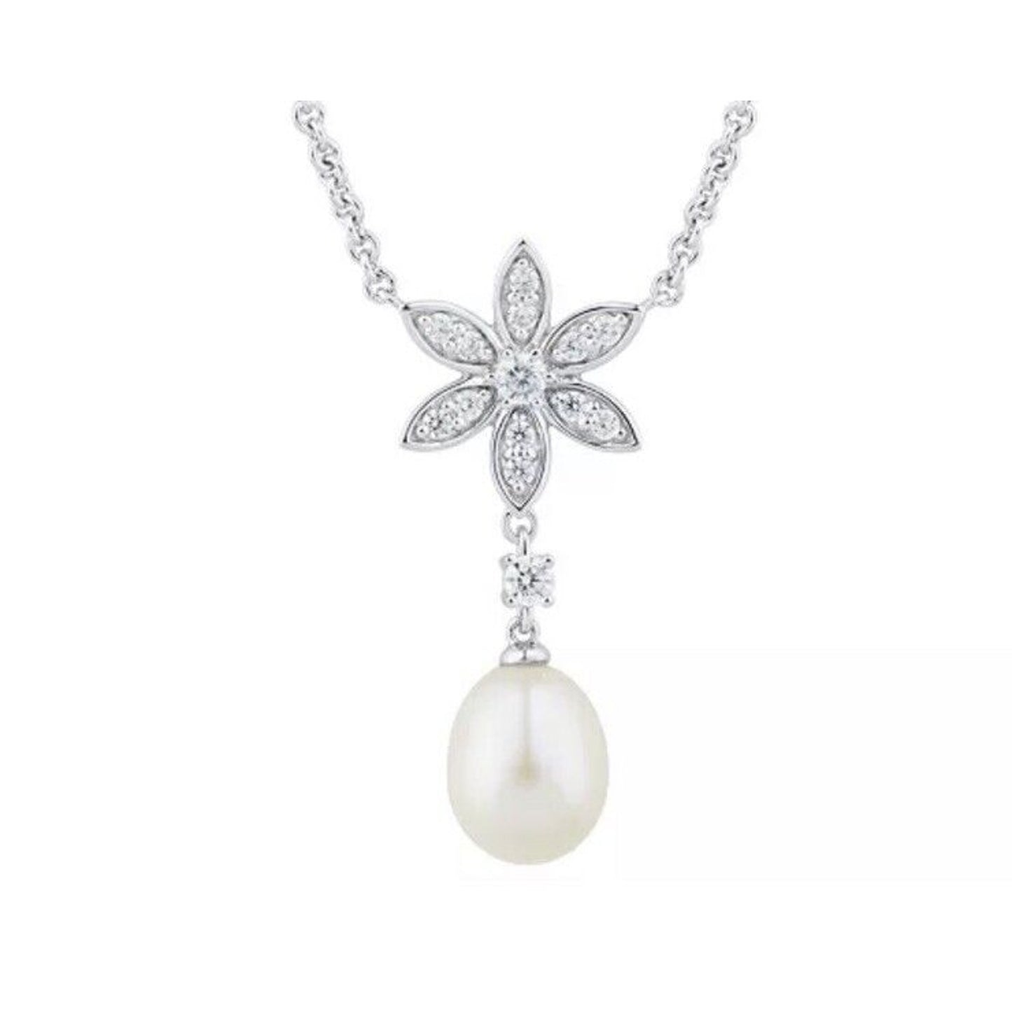 Pearl (8mm) Natural Topaz Flower Pendant Necklace Sterling Silver Luxury Trendy