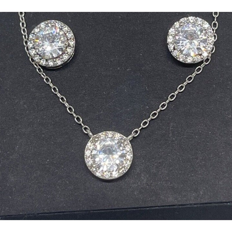 Sterling Silver CZ Necklace Earrings (2pc Set) Chic Glitz Trendy Stylish Vday