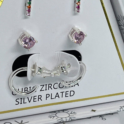 Silver Plated CZ Earrings 4pc Set Elegant Xmas Ornament Gift Box Trendy Chic NWT