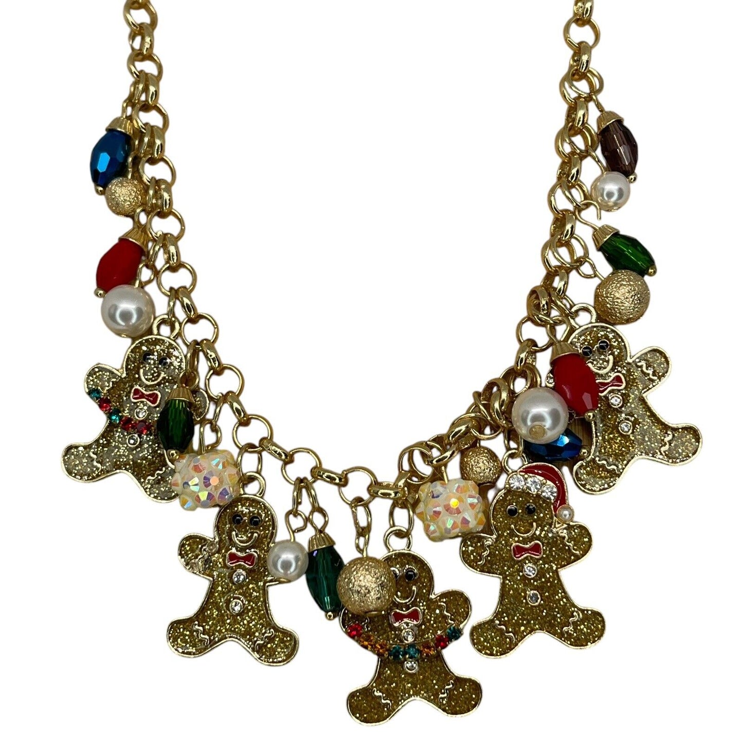 Gold Tone Faux Pearl Gingerbread Man Necklace Christmas Holiday Elegant Xmas NWT