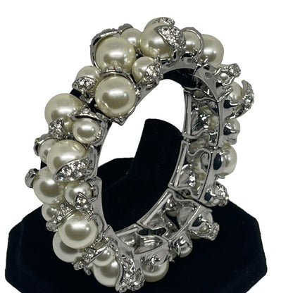 Silver Tone Faux Pearl Crystal Bracelet Stunning Trendy Elegant Intricate Chic